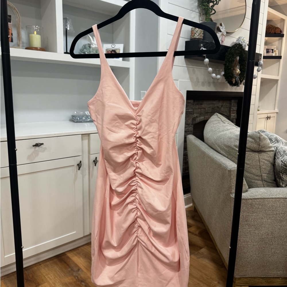 Susana Monaco Blush Pink Ruched V-Neck Mini Dress